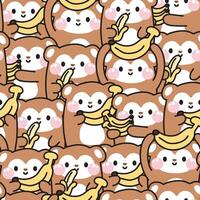 Repeat.Seamless pattern of cute monkey with banana in various poses on white background.Wild animal character cartoon design collection.Image for card,poster,baby clothing.Kawaii.Vector.Illustration. vector