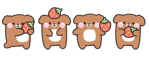 conjunto de linda sonrisa perro con fresa en varios poses en blanco fondo.mascota animal personaje dibujos animados diseño colección.niño gráfico.fruta.kawaii.vector.ilustracion vector