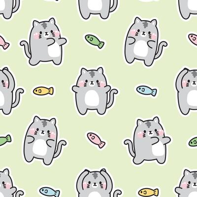 Seamless pattern of cute cat with fish in various poses on pastel background.Pet animal character cartoon design.Meow lover.Image for card,poster,baby clothing.Kawaii.Vector.illustration.
