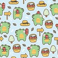 Seamless pattern of cute crocodile with apple in various poses background.Reptile animal character cartoon design.Kid graphic.Fruit,tree,leaf,farm hand drawn.Kawaii.Vector.Illustration vector