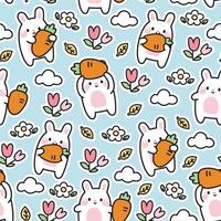 Seamless pattern of cute rabbit hold carrot with flower and leaf background.Rodent animal character cartoon design.Nature.Easter.Kawaii.Vector.illustration. vector