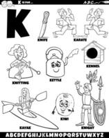 Letter K set with cartoon objects and characters coloring page vector