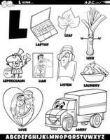 Letter L set with cartoon objects and characters coloring page vector