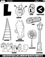 Letter L set with cartoon objects and characters coloring page vector