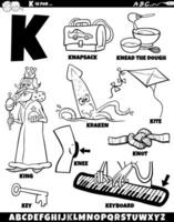 Letter K set with cartoon objects and characters coloring page vector