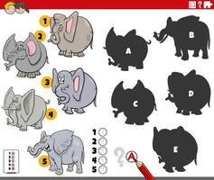 finding shadows game with cartoon elephants animals vector