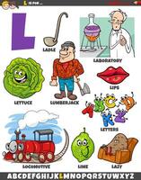 Letter L set with cartoon objects and characters vector