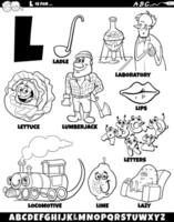 Letter L set with cartoon objects and characters coloring page vector