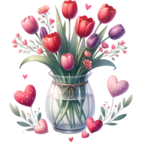 ai généré bouquet de tulipes dans verre vase pour engagement, mariage, ou mariage et la Saint-Valentin journée png