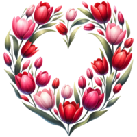 ai generiert ein schön Herz geformt Blumen- Kranz mit Tulpen zum Engagement, Hochzeit, oder Hochzeit und Valentinstag Tag png