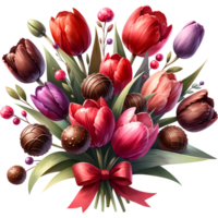 ai generado un ramo de flores de tulipanes con chocolate para compromiso, casamiento, o Boda y San Valentín día png