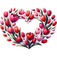 ai generiert ein schön Herz geformt Blumen- Kranz mit Tulpen zum Engagement, Hochzeit, oder Hochzeit und Valentinstag Tag png