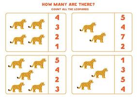 Counting game with cartoon leopards. Educational worksheet. vector