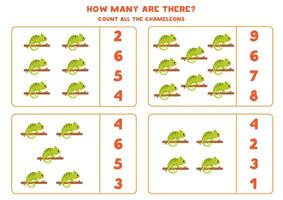 Counting game with cartoon green chameleons. Educational worksheet. vector