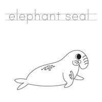 Trace the letters and color cartoon elephant seal. Handwriting practice for kids. vector