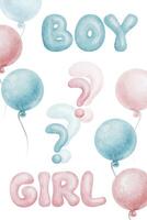 Greeting card with air balloons and Boy or girl inscription. Baby gender reveal party. New born celebration. Template of party of pregnant women invitation. Watercolor illustration. vector