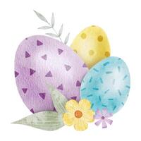 Blue, yellow, purple Easter eggs, flowers and leaves. Paschal Concept with Easter Eggs with Pastel Colors. Isolated watercolor illustration. Template for Easter cards, covers, posters and invitations. vector