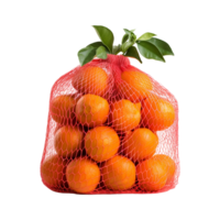 ai gegenereerd mandarijnen in een rood maas zak geïsoleerd Aan transparant achtergrond png