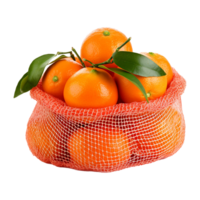 ai generado mandarinas en un rojo malla bolso aislado en transparente antecedentes png