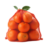 ai gerado tangerinas dentro uma vermelho malha saco isolado em transparente fundo png