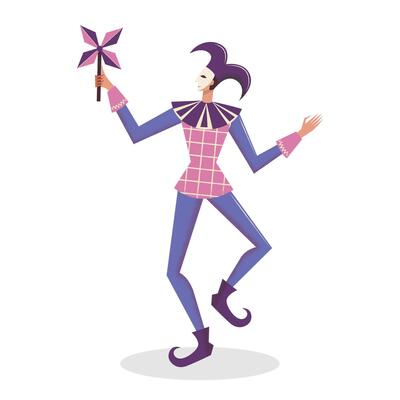 Cheerful harlequin dancing at Venetian carnival. Traditional Venetian masquerade in Italy. Flat vector illustration isolated on white background.