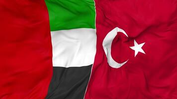 Turkey and United Arab Emirates Flags Together Seamless Looping Background, Looped Bump Texture Cloth Waving Slow Motion, 3D Rendering video