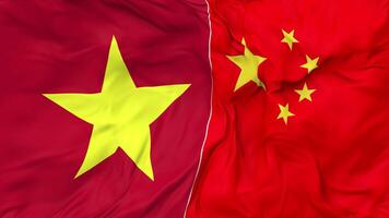 China and Vietnam Flags Together Seamless Looping Background, Looped Bump Texture Cloth Waving Slow Motion, 3D Rendering video