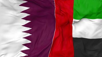 qatar en Verenigde Arabisch emiraten vlaggen samen naadloos looping achtergrond, lusvormige buil structuur kleding golvend langzaam beweging, 3d renderen video
