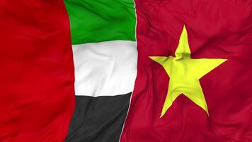 United Arab Emirates and Vietnam Flags Together Seamless Looping Background, Looped Bump Texture Cloth Waving Slow Motion, 3D Rendering video