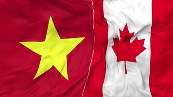 Canadá y Vietnam banderas juntos sin costura bucle fondo, serpenteado bache textura paño ondulación lento movimiento, 3d representación video