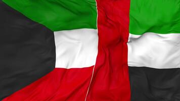 Kuwait and United Arab Emirates Flags Together Seamless Looping Background, Looped Bump Texture Cloth Waving Slow Motion, 3D Rendering video