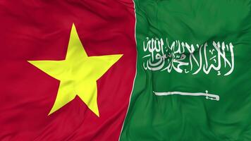 KSA, Kingdom of Saudi Arabia and Vietnam Flags Together Seamless Looping Background, Looped Bump Texture Cloth Waving Slow Motion, 3D Rendering video