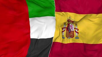 Spain and United Arab Emirates Flags Together Seamless Looping Background, Looped Bump Texture Cloth Waving Slow Motion, 3D Rendering video