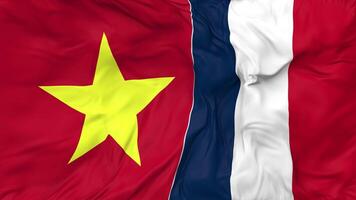 Frankrijk en Vietnam vlaggen samen naadloos looping achtergrond, lusvormige buil structuur kleding golvend langzaam beweging, 3d renderen video