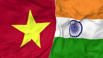 India and Vietnam Flags Together Seamless Looping Background, Looped Bump Texture Cloth Waving Slow Motion, 3D Rendering video