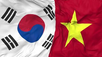 South Korea and Vietnam Flags Together Seamless Looping Background, Looped Bump Texture Cloth Waving Slow Motion, 3D Rendering video