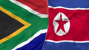 South Africa and North Korea Flags Together Seamless Looping Background, Looped Bump Texture Cloth Waving Slow Motion, 3D Rendering video