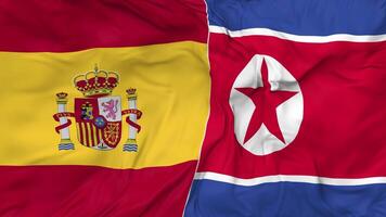 Spain and North Korea Flags Together Seamless Looping Background, Looped Bump Texture Cloth Waving Slow Motion, 3D Rendering video