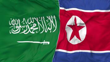KSA, Kingdom of Saudi Arabia and North Korea Flags Together Seamless Looping Background, Looped Bump Texture Cloth Waving Slow Motion, 3D Rendering video