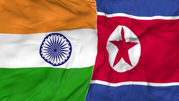 India and North Korea Flags Together Seamless Looping Background, Looped Bump Texture Cloth Waving Slow Motion, 3D Rendering video