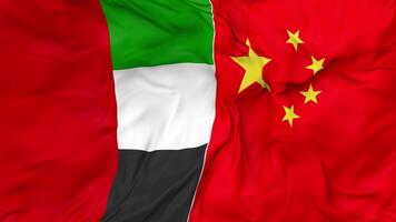 China and United Arab Emirates Flags Together Seamless Looping Background, Looped Bump Texture Cloth Waving Slow Motion, 3D Rendering video