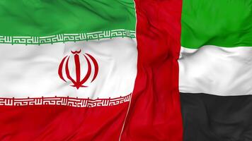 Iran and United Arab Emirates Flags Together Seamless Looping Background, Looped Bump Texture Cloth Waving Slow Motion, 3D Rendering video