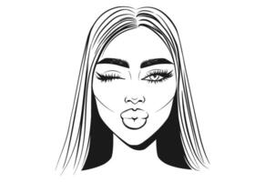 Vector Young Woman Girl Wink Model Face Portrait. Beautiful Lady with Long Black Eyelashes Arched Eyebrows Plump Lips Kiss Illustration