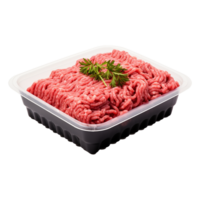ai genererad rå mald kött i en plast bricka behållare isolerat på transparent bakgrund png