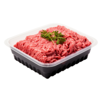 ai generiert roh gehackt Fleisch im ein Plastik Tablett Container isoliert auf transparent Hintergrund png