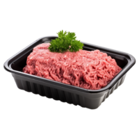 AI generated Raw minced meat in a plastic tray container isolated on transparent background png