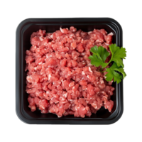 AI generated Raw minced meat in a plastic tray container isolated on transparent background png