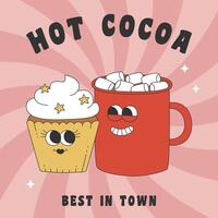 Poster with groovy cocoa cup and muffin. Cartoon characters in trendy retro style. vector