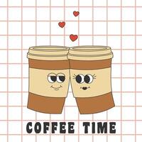 Poster with two coffee cups in groovy style. Cartoon characters in trendy retro style. vector