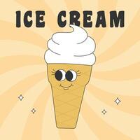 Poster with groovy hippie ice cream. Cartoon character in trendy retro style. vector
